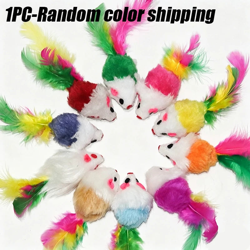Squeaking Mouse Cat Toys – Plush Mice with Feathers & Sound