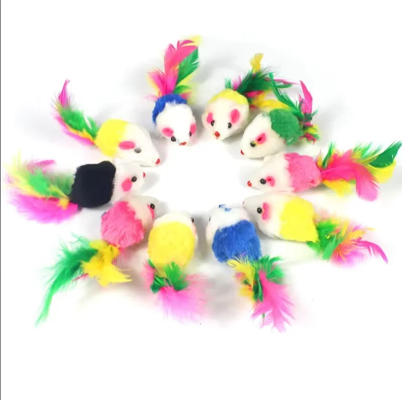 Plush Mouse Cat Toys 5/10 Pack – Rabbit Fur Feather Mice for Kittens