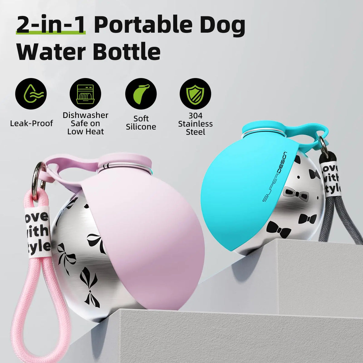 2-in-1 Dog Water Bottle – Leak-Proof Stainless Travel Bottle & Bowl