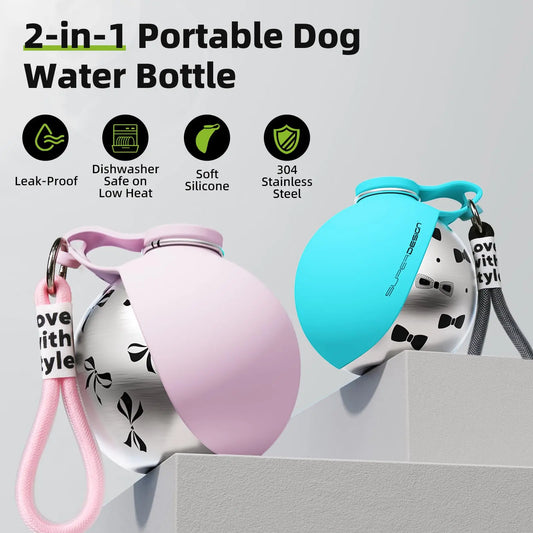 2-in-1 Dog Water Bottle – Leak-Proof Stainless Travel Bottle & Bowl
