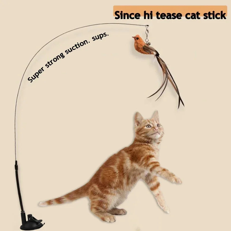 Bird Feather Cat Teaser – Suction Cup Wire Rod Interactive Cat Toy
