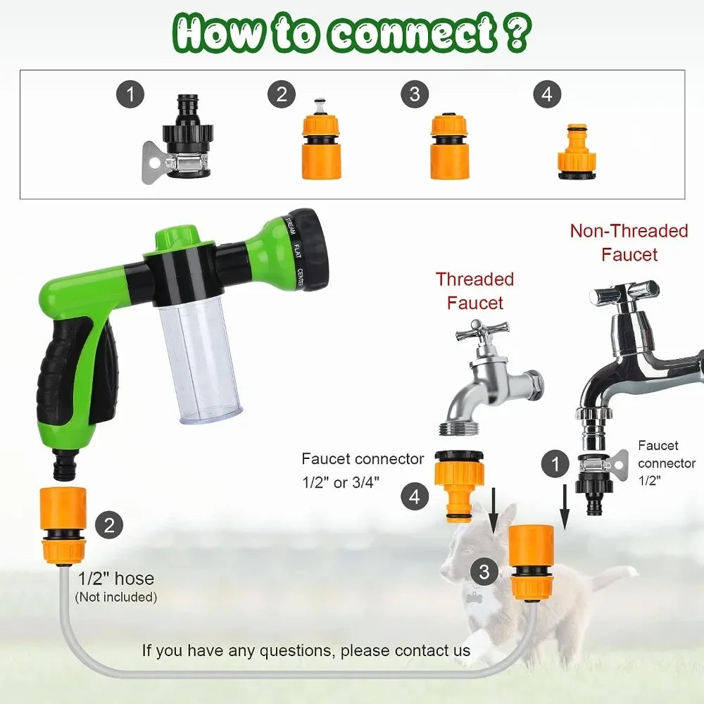 8-in-1 Dog Shower Sprayer – High-Pressure Pet Bath Hose Nozzle with Foam