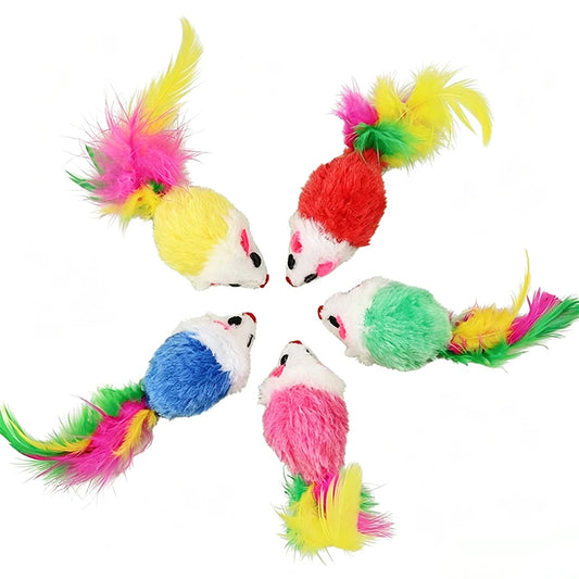 Squeaking Mouse Cat Toys – Plush Mice with Feathers & Sound