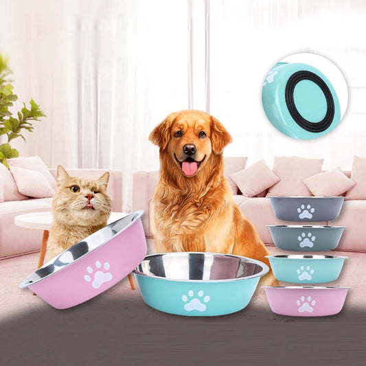 Stainless Steel Paw Print Pet Bowl – Non-Slip Silicone Base