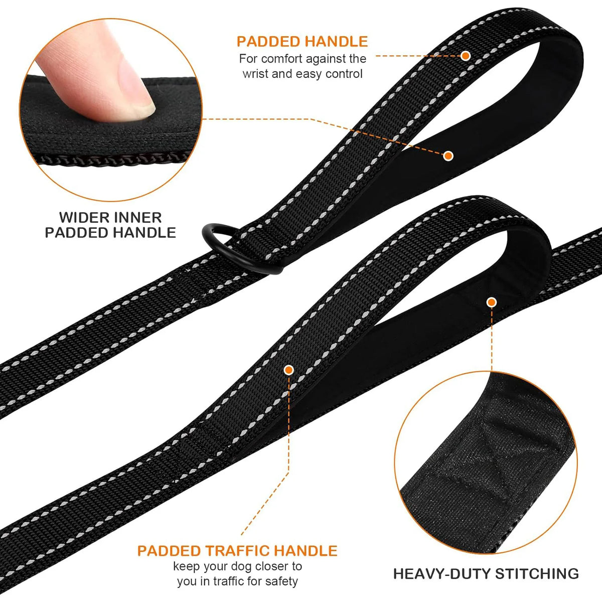 Heavy-Duty Double Handle Dog Leash – Reflective for Large Breeds