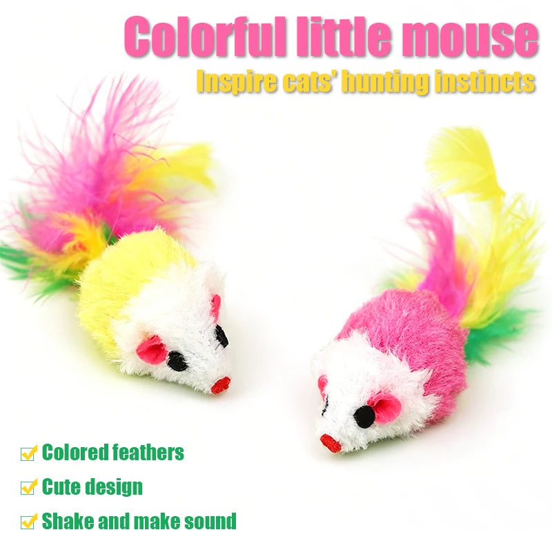 Squeaking Mouse Cat Toys – Plush Mice with Feathers & Sound