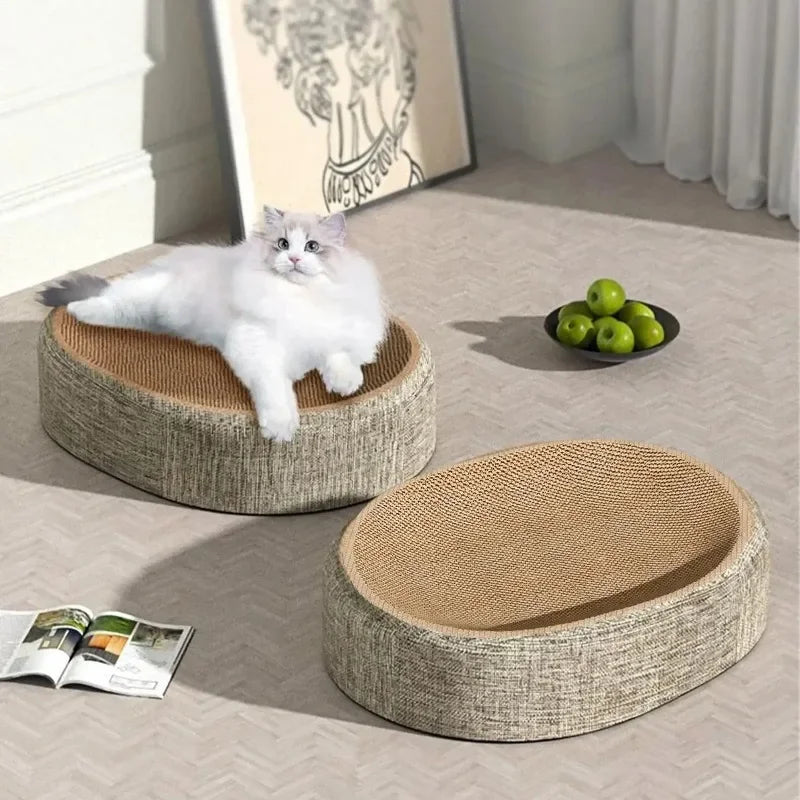 2-in-1 Cat Scratcher Bed – Oval Corrugated Cardboard Scratching Nest