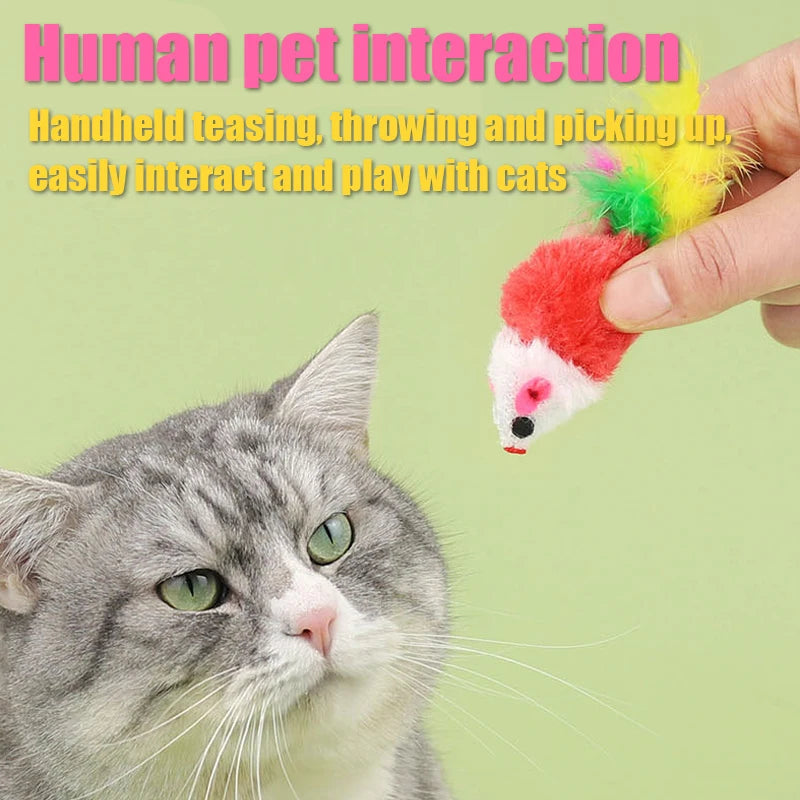 Squeaking Mouse Cat Toys – Plush Mice with Feathers & Sound