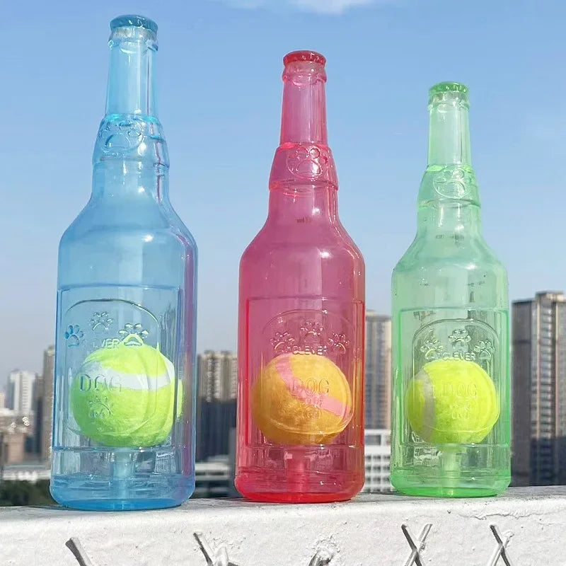 Squeaky Beer Bottle Dog Toy – Silicone Chew with Tennis Ball