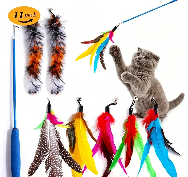 Cat Feather Wand Refill Set – 11 Replacement Feather Teaser Heads