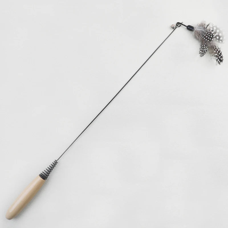 Wooden Spring Cat Teaser Wand – Feather Replacement Head Cat Toy
