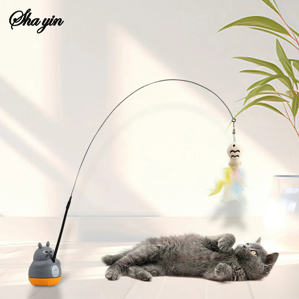 360° Rotating Cat Teaser Stick – Feather & Bell Wire Cat Wand