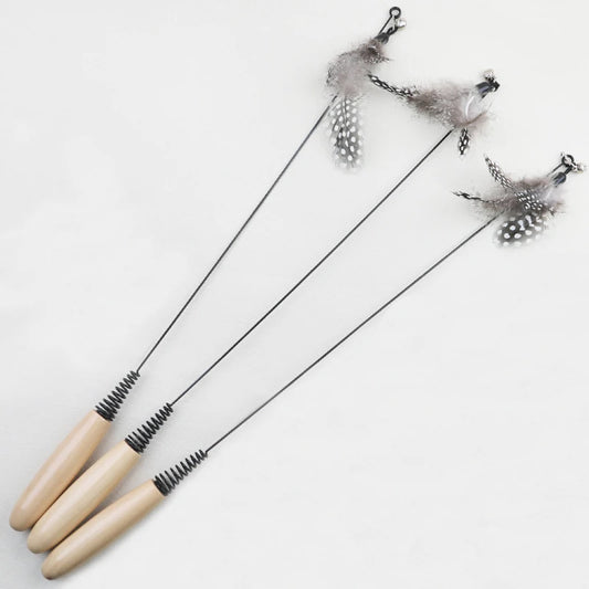 Wooden Spring Cat Teaser Wand – Feather Replacement Head Cat Toy