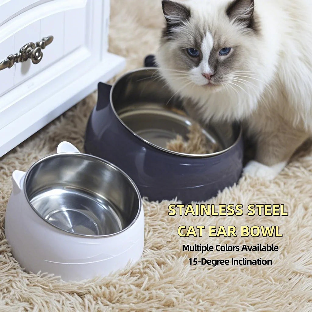Stainless Steel Double Cat Bowl – 15° Tilted Raised Pet Feeder