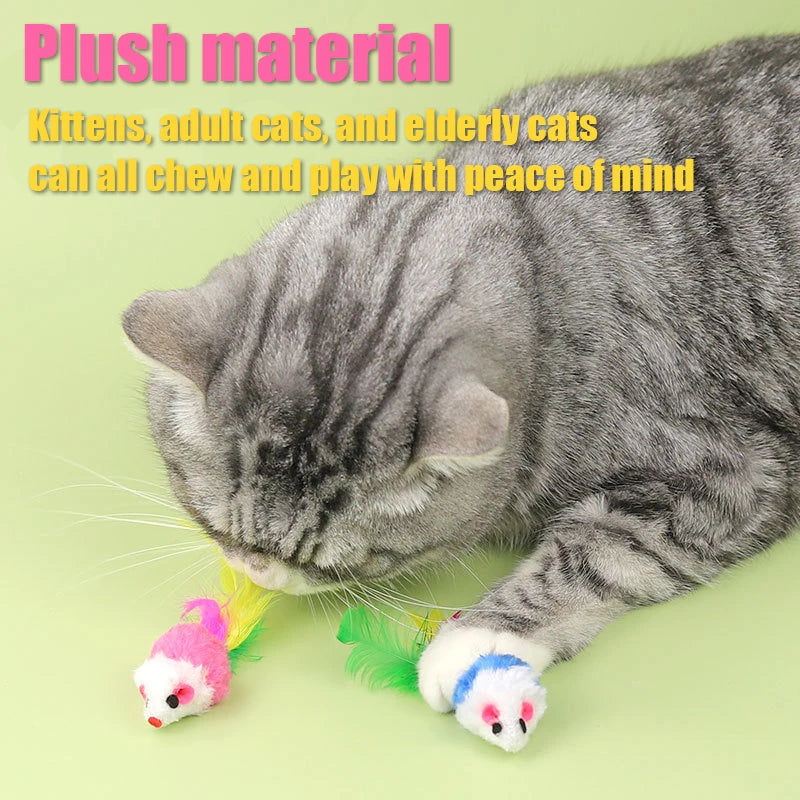 Squeaking Mouse Cat Toys – Plush Mice with Feathers & Sound