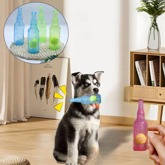 Squeaky Beer Bottle Dog Toy – Silicone Chew with Tennis Ball