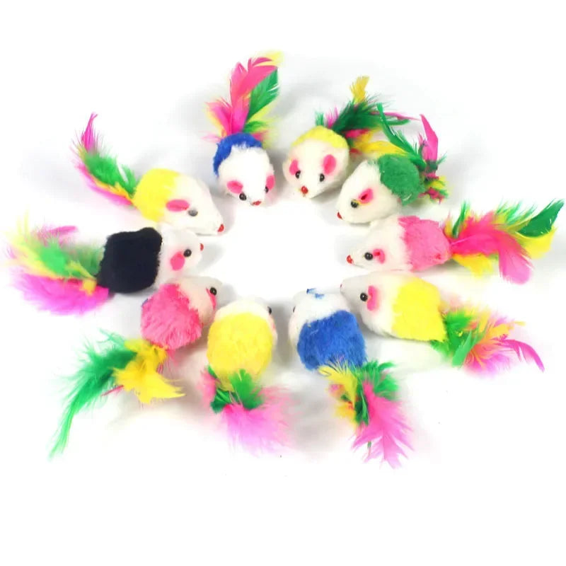 Plush Mouse Cat Toys 5/10 Pack – Rabbit Fur Feather Mice for Kittens