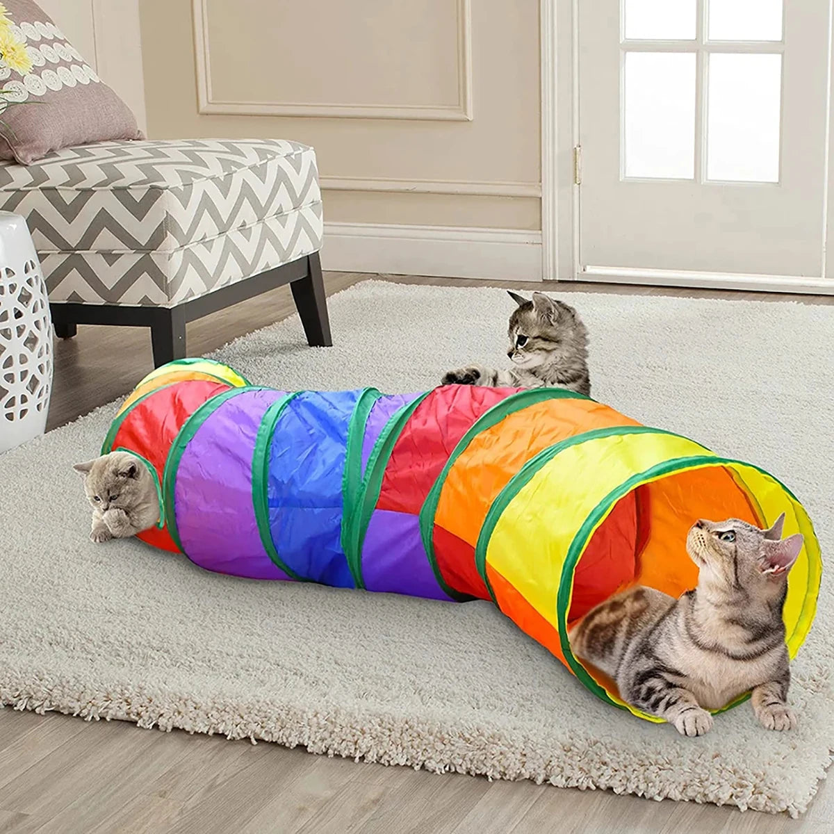 Collapsible Cat Tunnel – Foldable Play Tube with Hanging Toy for Cats