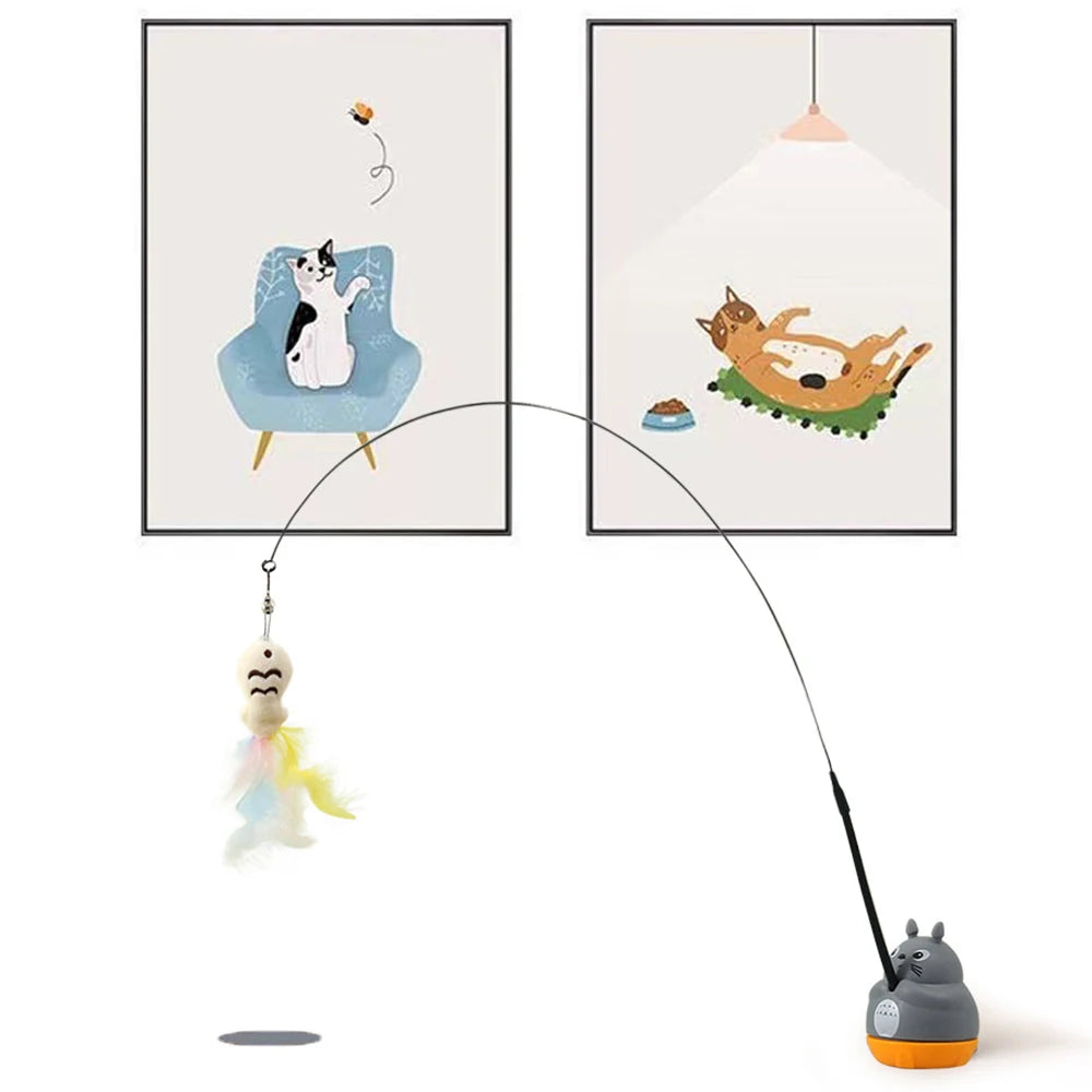 360° Rotating Cat Teaser Stick – Feather & Bell Wire Cat Wand