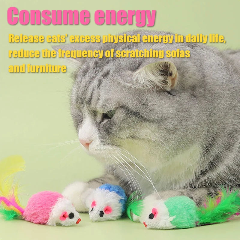 Squeaking Mouse Cat Toys – Plush Mice with Feathers & Sound