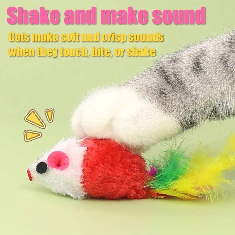 Squeaking Mouse Cat Toys – Plush Mice with Feathers & Sound