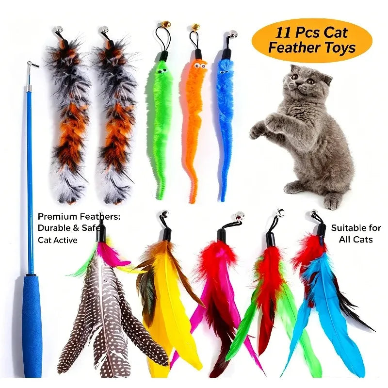 Cat Feather Wand Refill Set – 11 Replacement Feather Teaser Heads