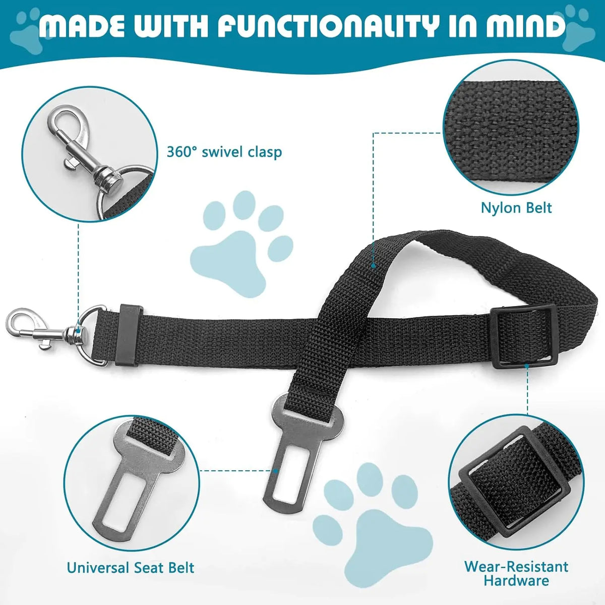 Dog Car Seat Belt – Adjustable Safety Rope with 360° Swivel Hook