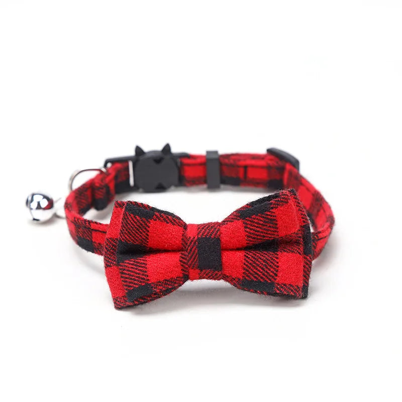 Plaid Bow Tie Cat Collar with Bell – Breakaway Christmas Red Pet Collar