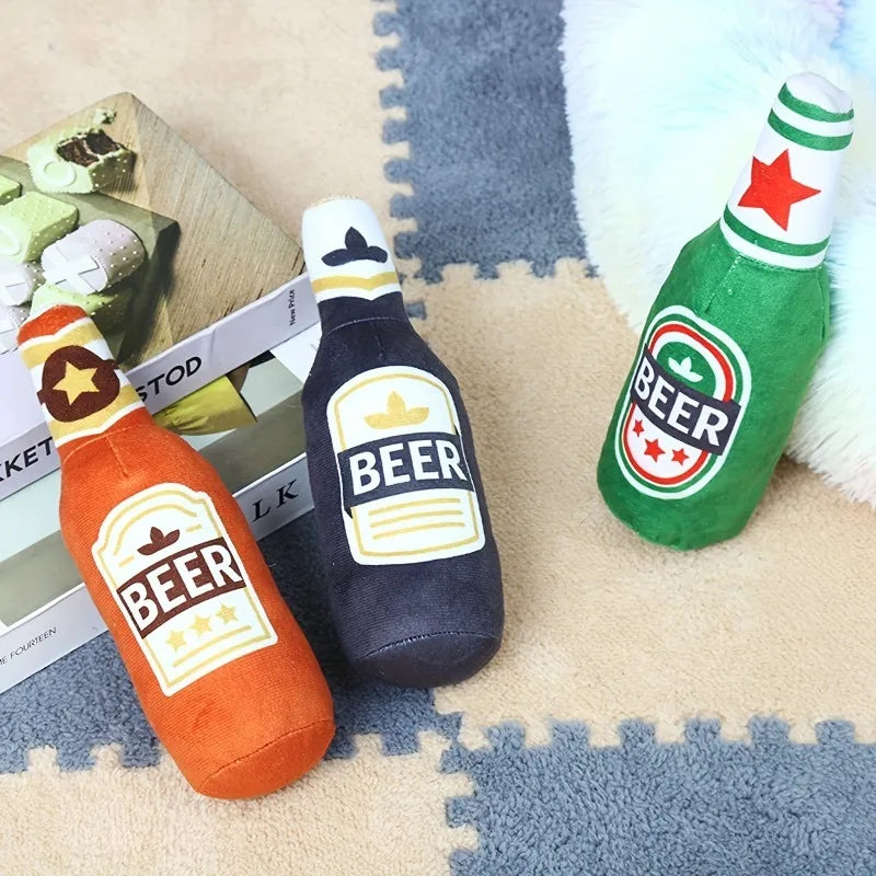 Squeaky Beer Bottle Dog Toy – Bite-Resistant Plush Chew