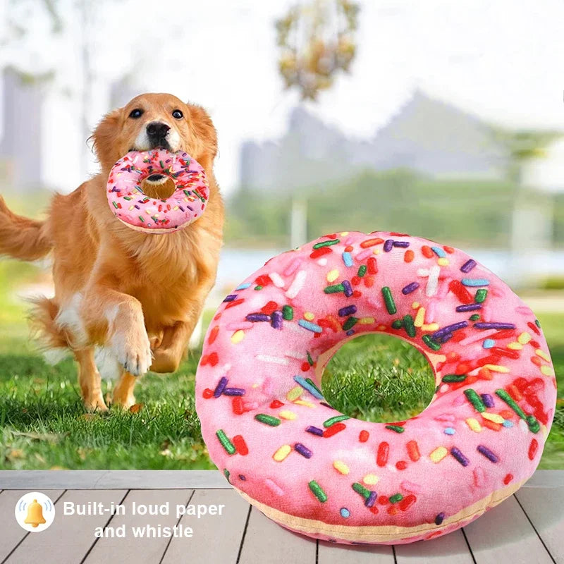 Squeaky Plush Doughnut & Pizza Dog Toy – Teeth Cleaning Chew