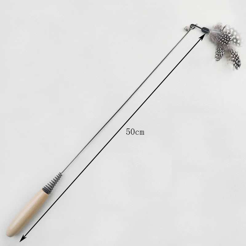 Wooden Spring Cat Teaser Wand – Feather Replacement Head Cat Toy