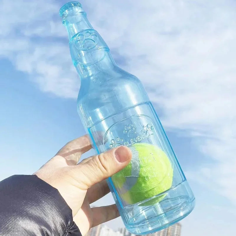Squeaky Beer Bottle Dog Toy – Silicone Chew with Tennis Ball