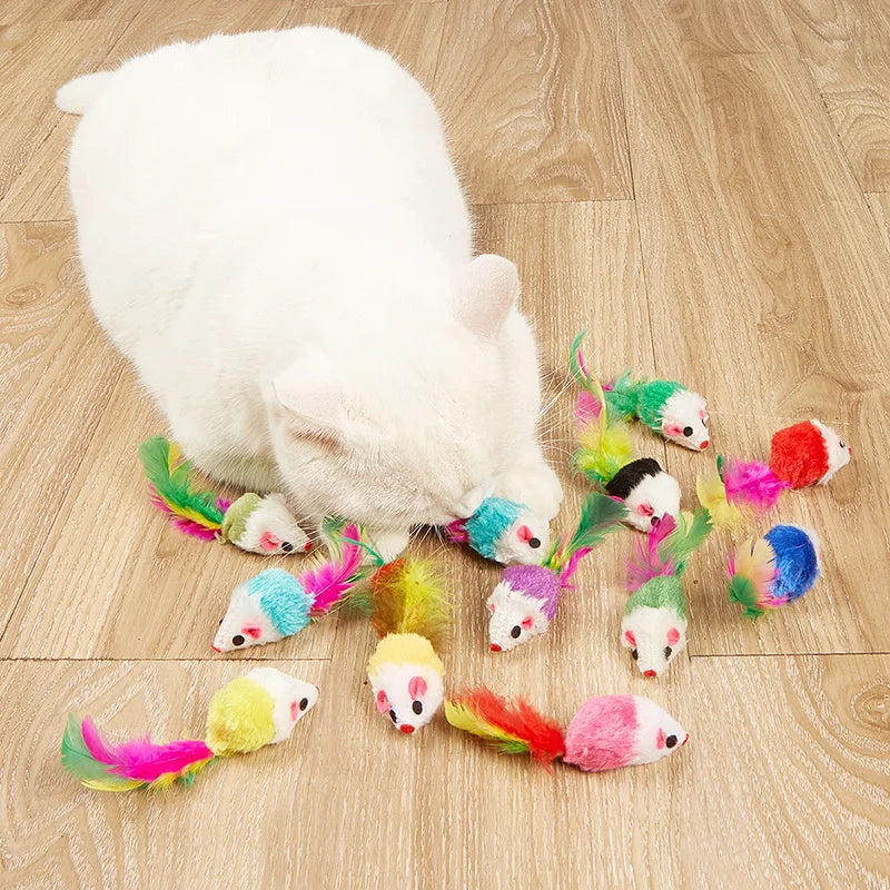 Plush Mouse Cat Toys 5/10 Pack – Rabbit Fur Feather Mice for Kittens