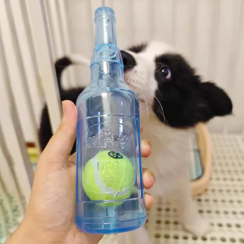 Squeaky Beer Bottle Dog Toy – Silicone Chew with Tennis Ball