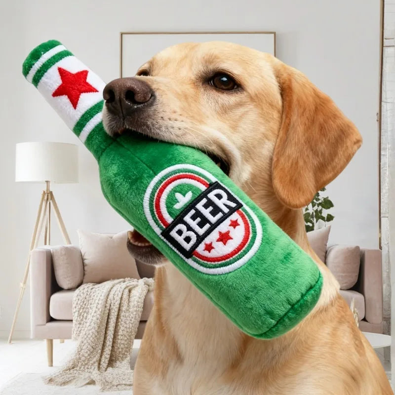 Squeaky Beer Bottle Dog Toy – Bite-Resistant Plush Chew