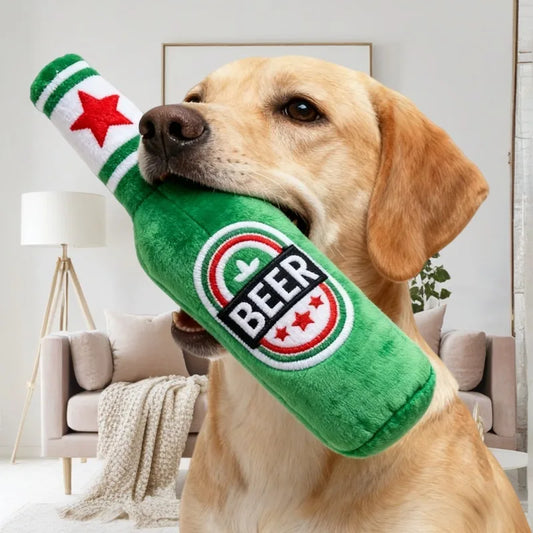 Squeaky Beer Bottle Dog Toy – Bite-Resistant Plush Chew
