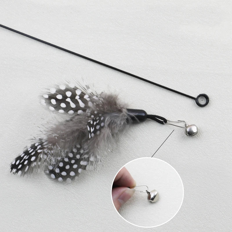 Wooden Spring Cat Teaser Wand – Feather Replacement Head Cat Toy
