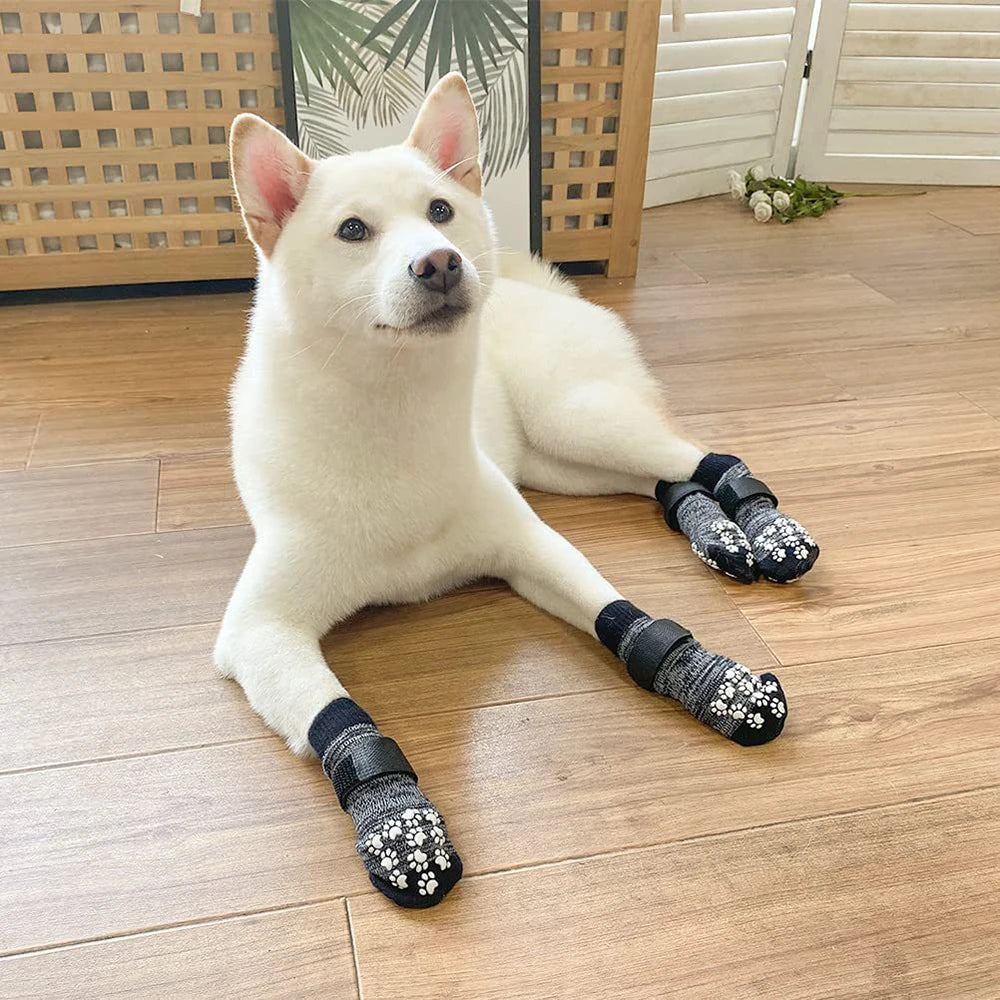 Non-Slip Dog Socks 4 Pack – Adjustable Indoor/Outdoor Paw Covers