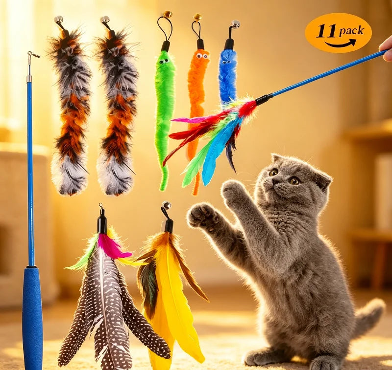 Cat Feather Wand Refill Set – 11 Replacement Feather Teaser Heads