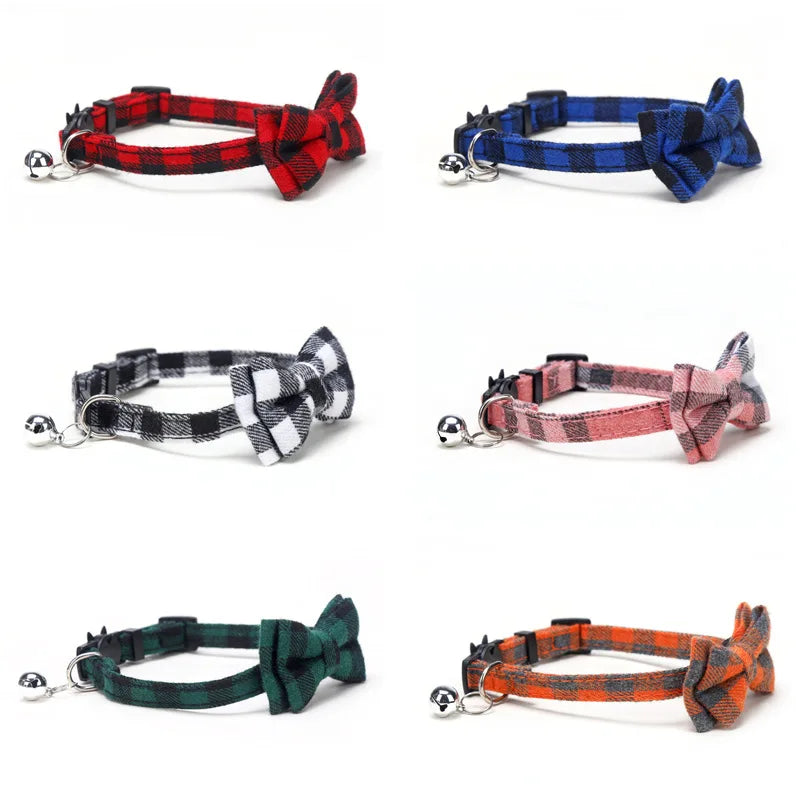 Plaid Bow Tie Cat Collar with Bell – Breakaway Christmas Red Pet Collar
