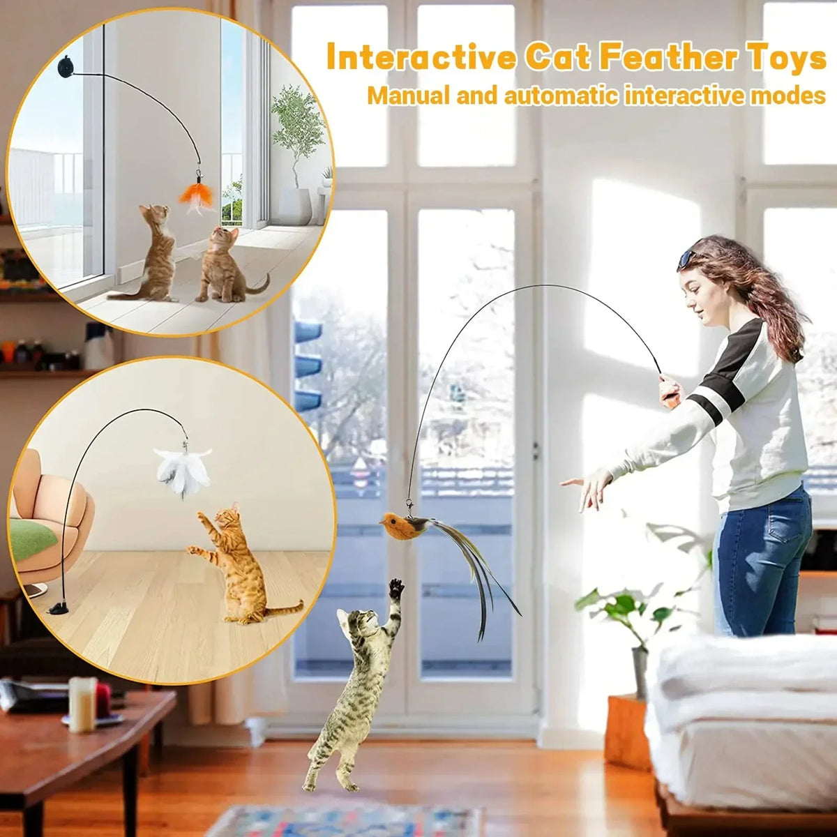 Bird Feather Cat Teaser – Suction Cup Wire Rod Interactive Cat Toy