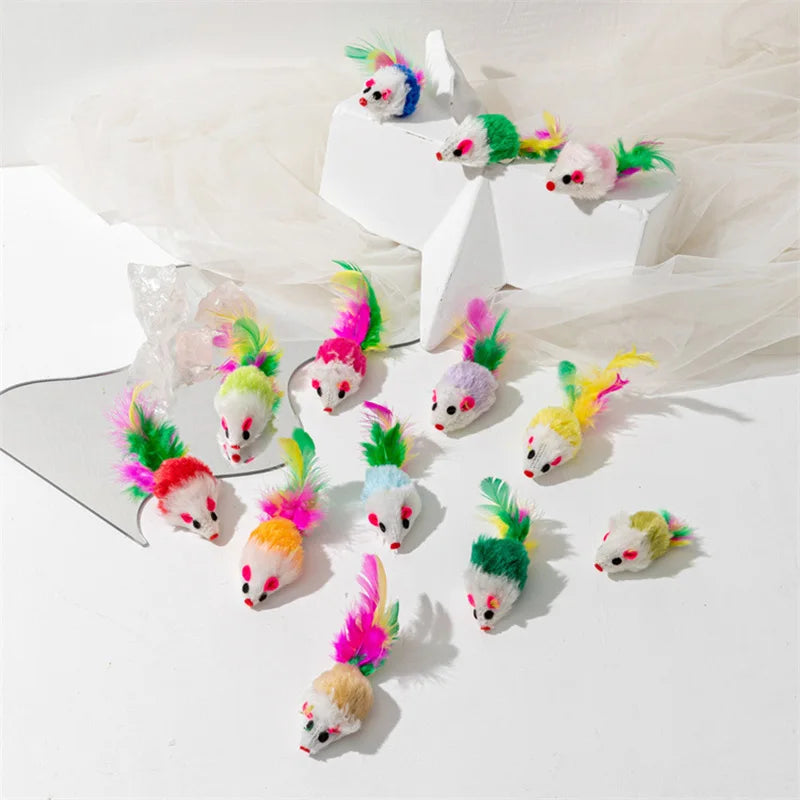Plush Mouse Cat Toys 5/10 Pack – Rabbit Fur Feather Mice for Kittens
