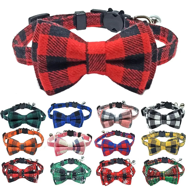Plaid Bow Tie Cat Collar with Bell – Breakaway Christmas Red Pet Collar