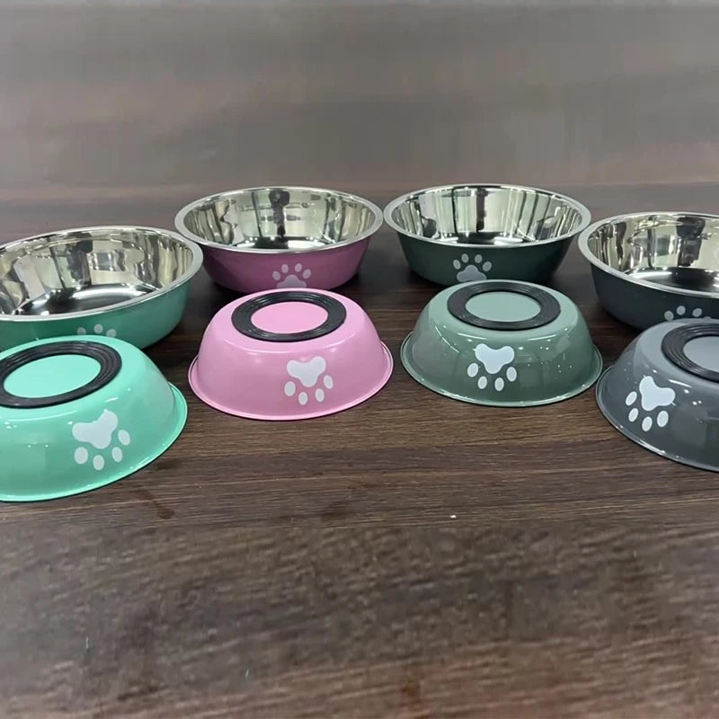 Stainless Steel Paw Print Pet Bowl – Non-Slip Silicone Base